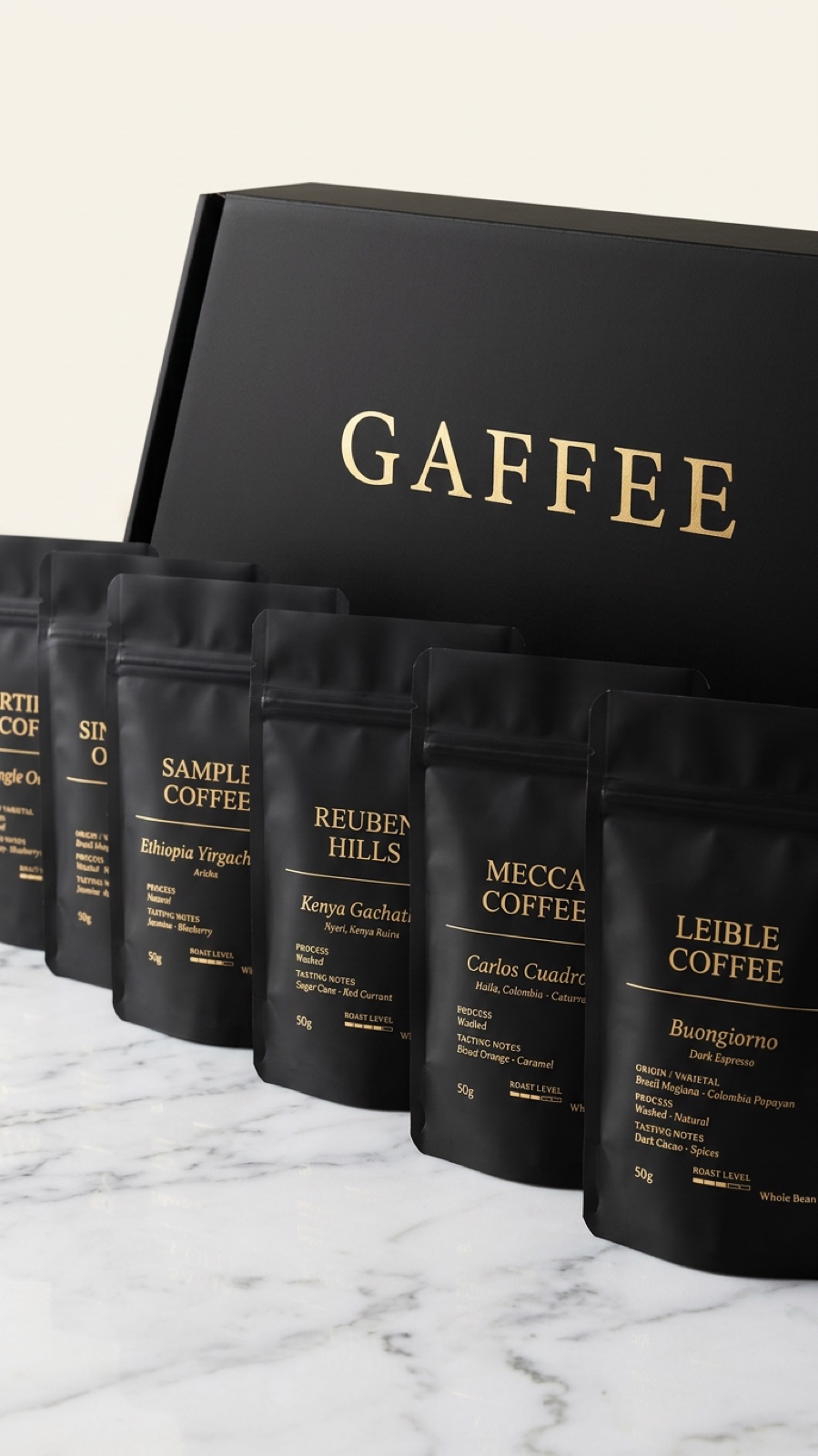 Six GAFFEE packs on white marble